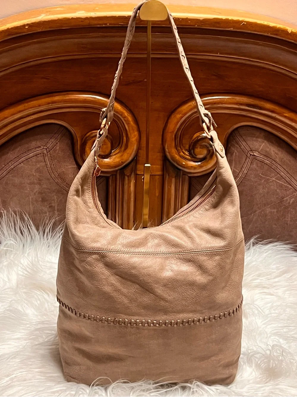 HOBO Taupe Braided-Handle soaf Leather Hobo Shoulder Bag